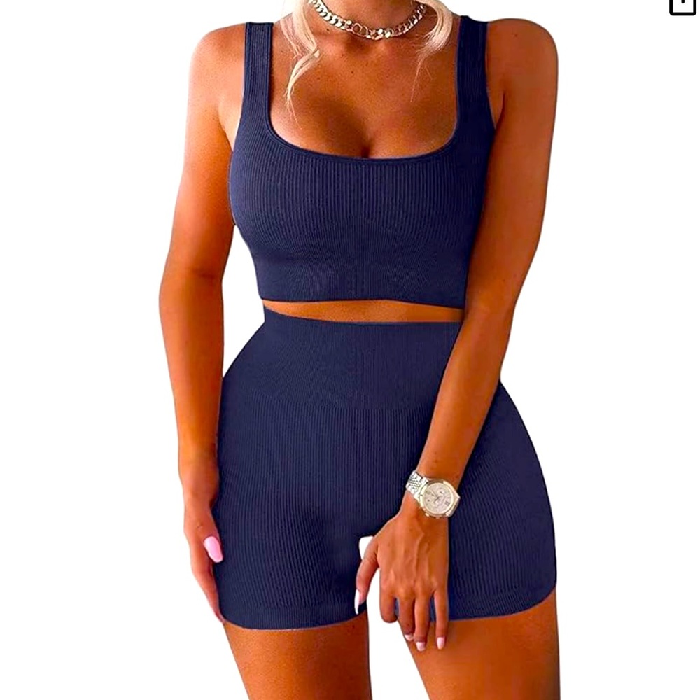Navy blue ribbed biker shorts set